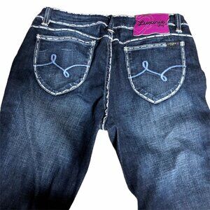 2/$30  Luxirie Jeans Juniors 11 Womens Dark Blue Denim Stretch White Stitching B